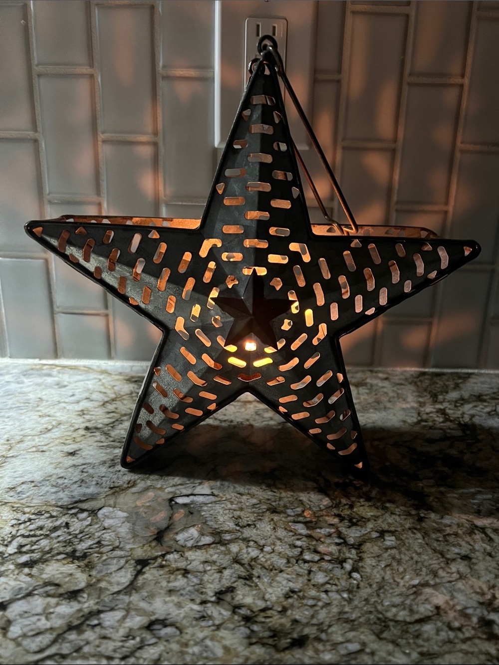 Rustic Punched Tin Metal Star Candle Lantern Hanging Tabletop Decor